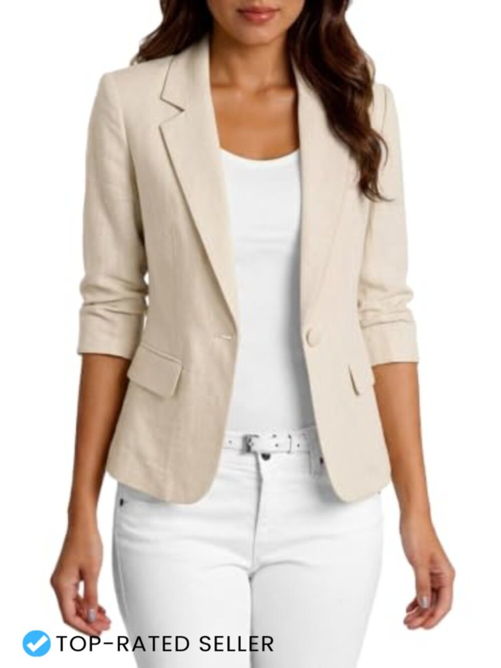 Womens Linen Blazer 3/4 Sleeve Lightweight Slim Jacket Business Casual